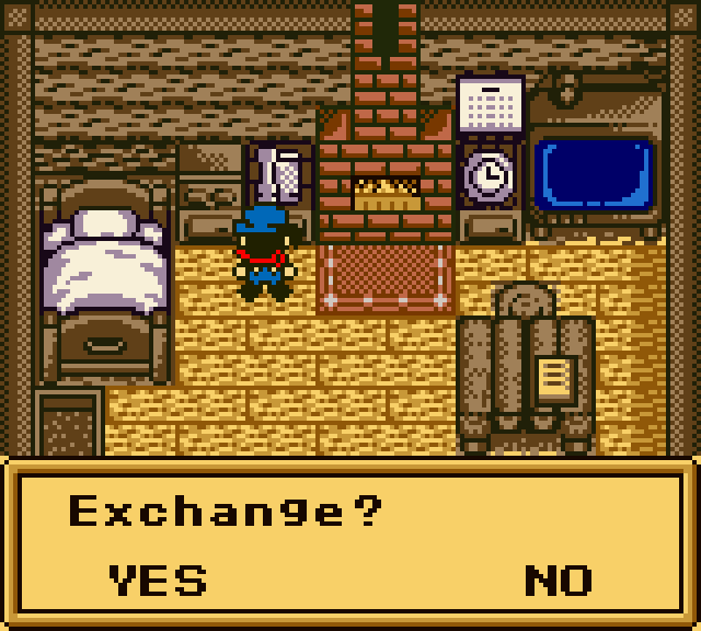 Exchange prompt in the player house in Harvest Moon GBC.