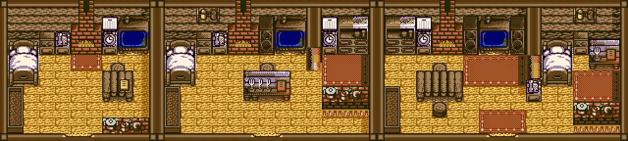 Wood House, Deluxe Wood House, and Ultra Deluxe Wood House interiors in Harvest Moon GBC.