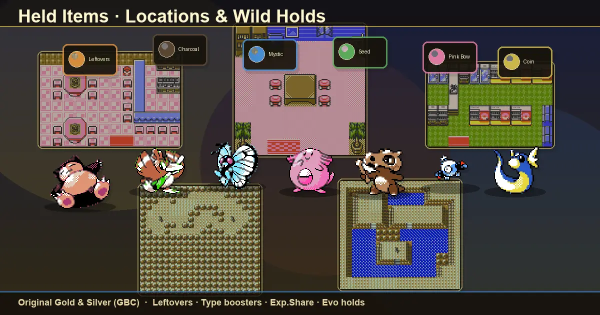 Held Items Locations Pokemon Gold and Silver - Type Boosters Leftovers Checklist