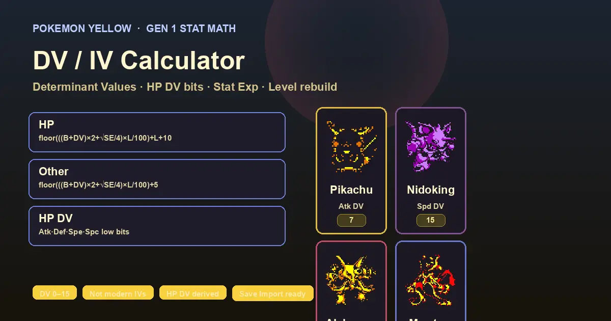Pokemon Yellow DV IV Calculator - Gen 1 Stats Tool