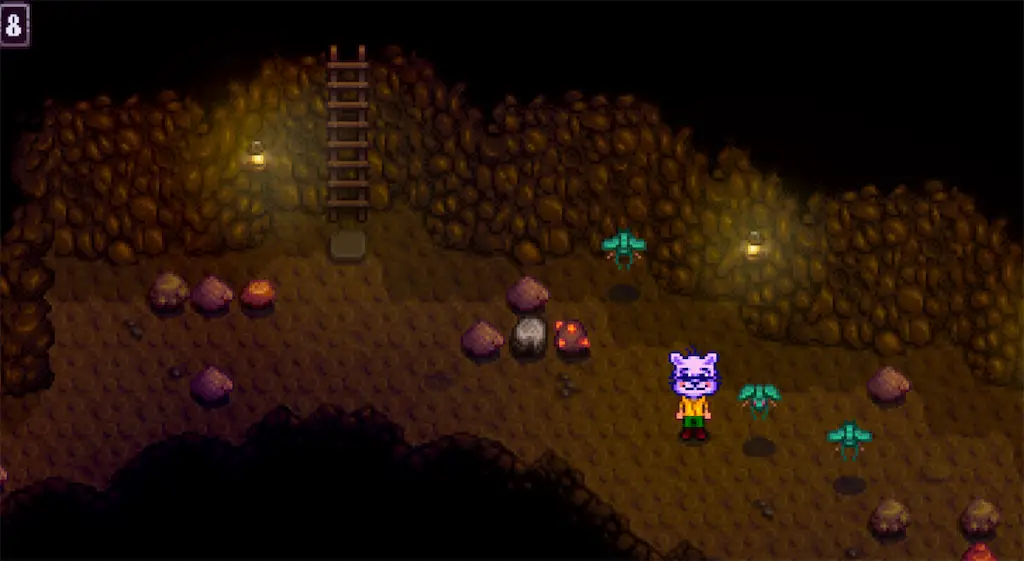 a character in Stardew Valley standing next to bugs
