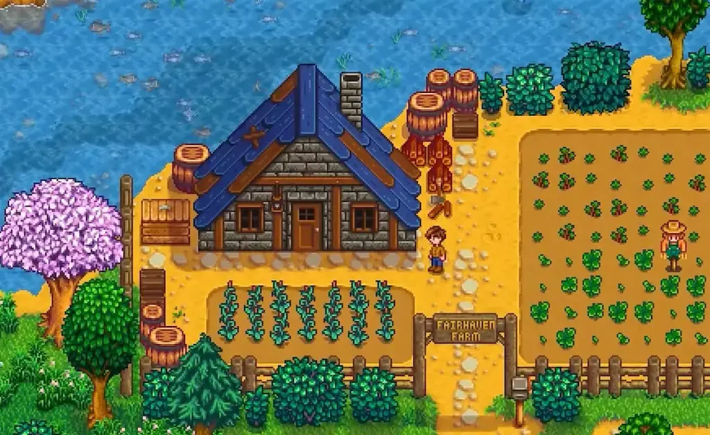 Exterior of Andy's messy house filled with Joja boxes and beer bottles