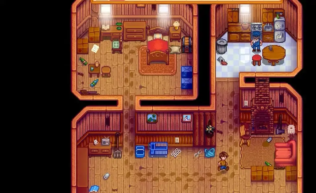 Interior of Andy's messy house with Joja products and moldy pillow