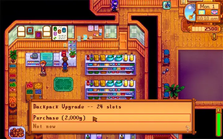 Screenshot of backpack upgrade in Pierre’s General Store