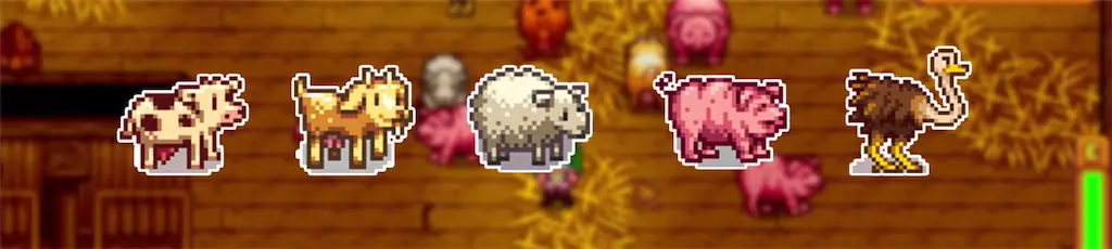 Image of a cow, goat, sheep, pig, and ostrich