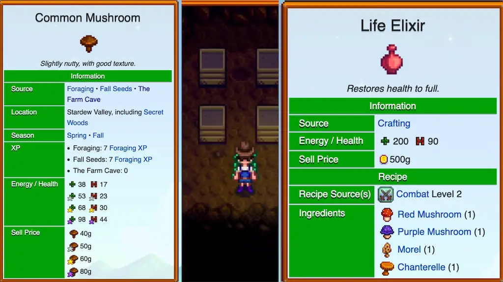 Common mushrooms and life elixir in Stardew Valley