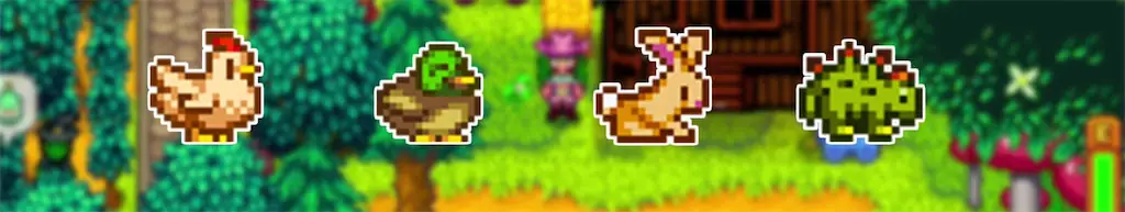 Image of a chicken, duck, rabbit, and dinosaur