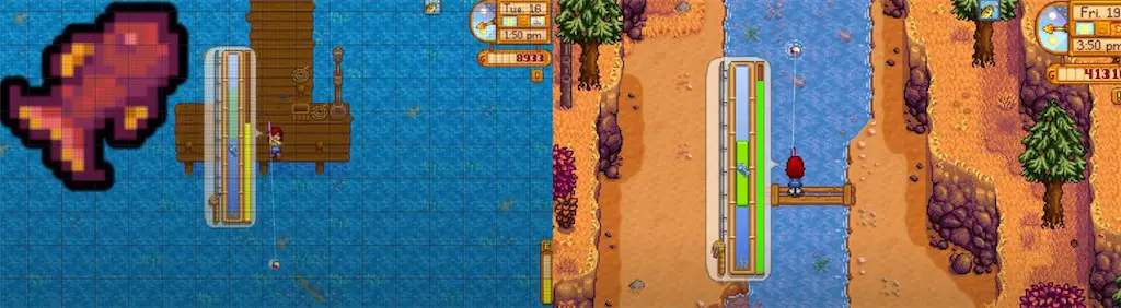 A player catching the Crimsonfish and Angler fish in Stardew Valley