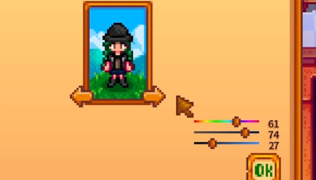 Screenshot of dyeing clothes with the dye pot in Stardew Valley