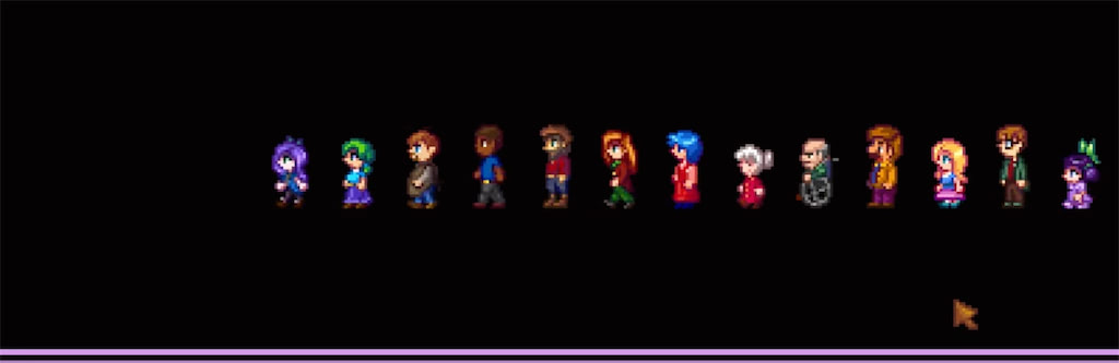 A screenshot of the ending cutscene in Stardew Valley with the main character and their spouse on the summit