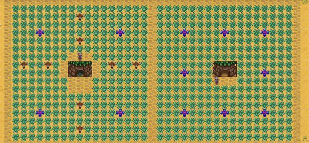 A farm layout using a combination of Iridium Sprinklers and Pressure Nozzles