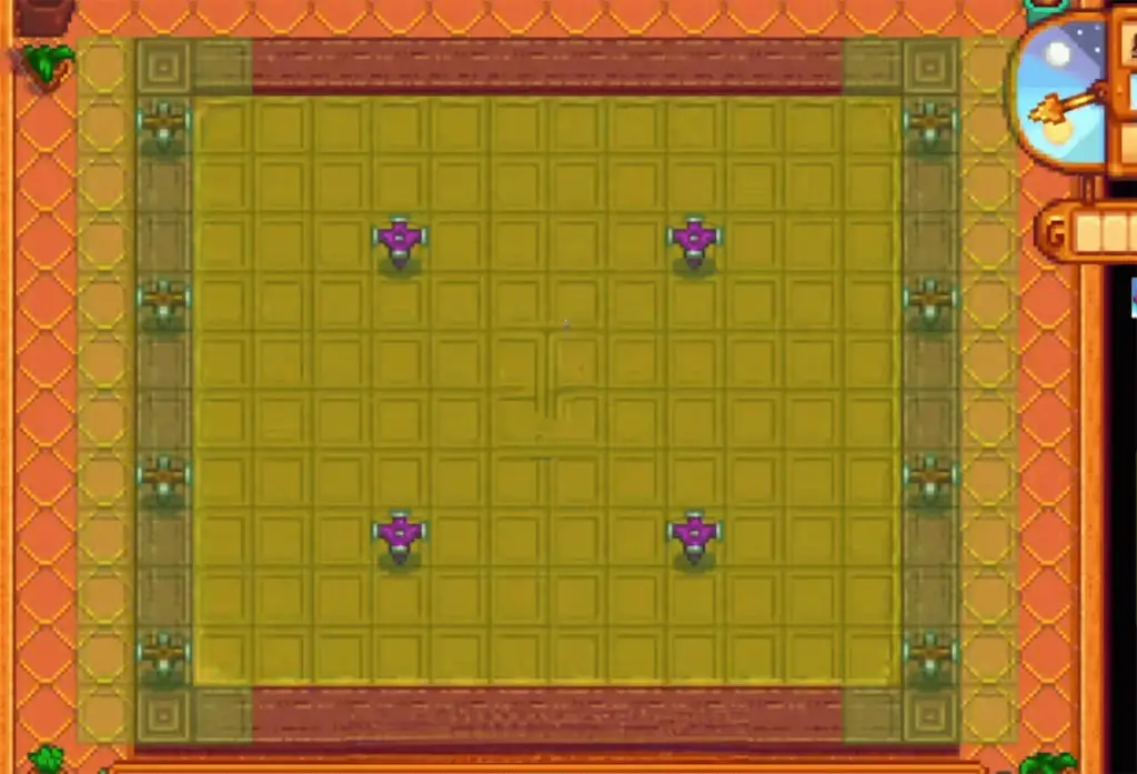A layout of the greenhouse with 4 Iridium Sprinklers and 6 Quality Sprinklers