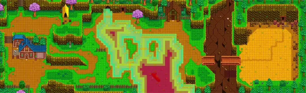 A fishing spot at the Mountain Lake in Stardew Valley