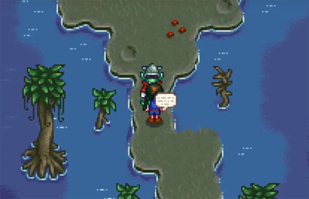 A servant blocking the path to the Witch's Hut in Stardew Valley