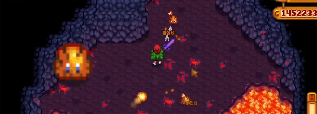 A screenshot of a Tiger Slime in the Volcano Dungeon in Stardew Valley