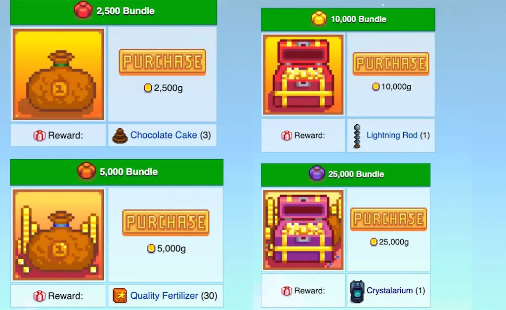 A screenshot of the Vault Bundle in Stardew Valley