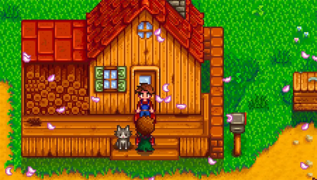 Marnie, the rancher, offering the player a choice of adopting a cat or a dog