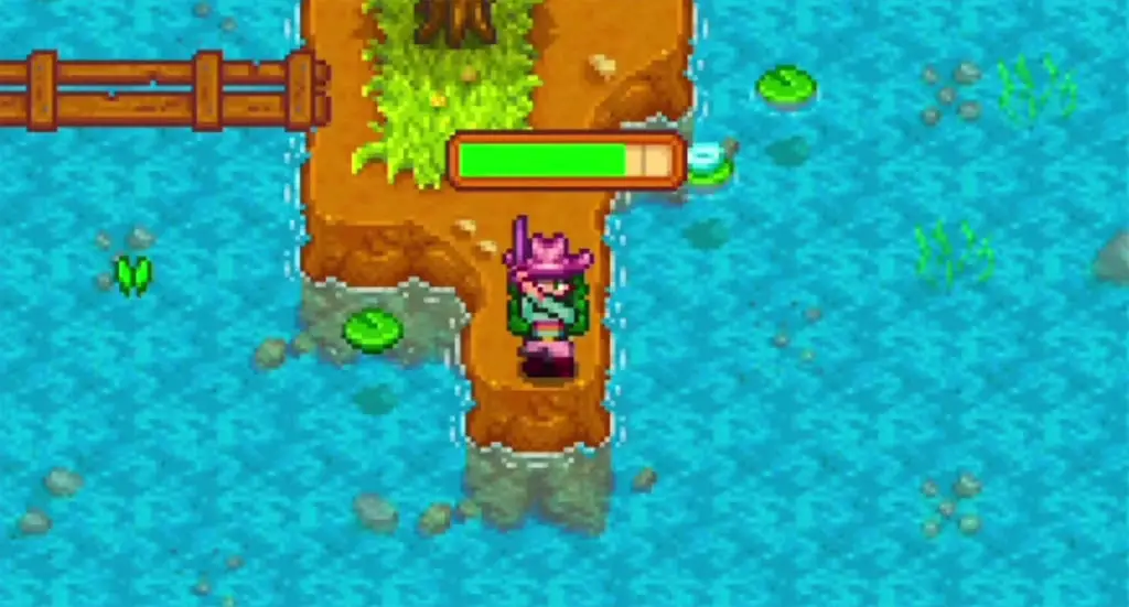 A player casting a fishing line in Stardew Valley