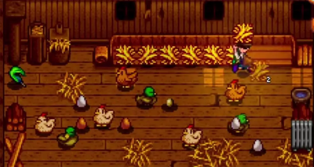 Chickens in a coop in Stardew Valley