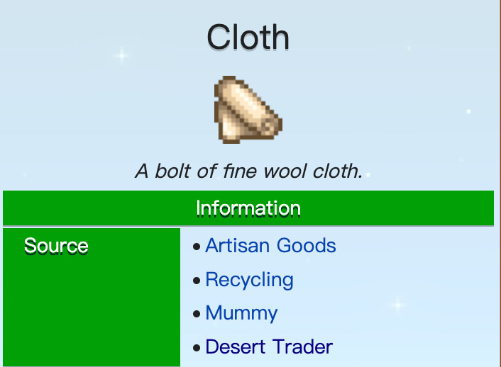 Different sources of cloth in Stardew Valley