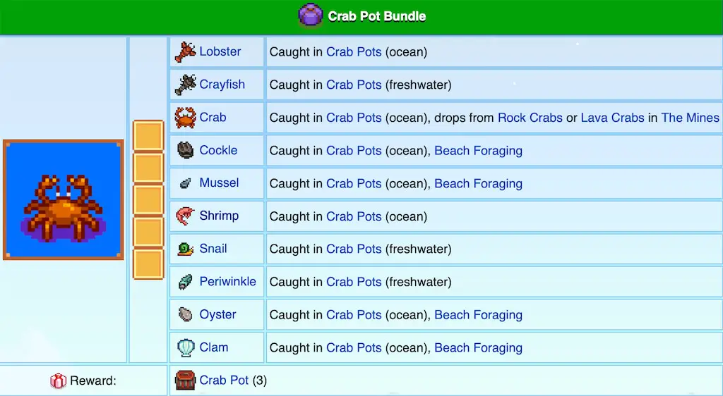 Items needed for the Crab Pot Bundle