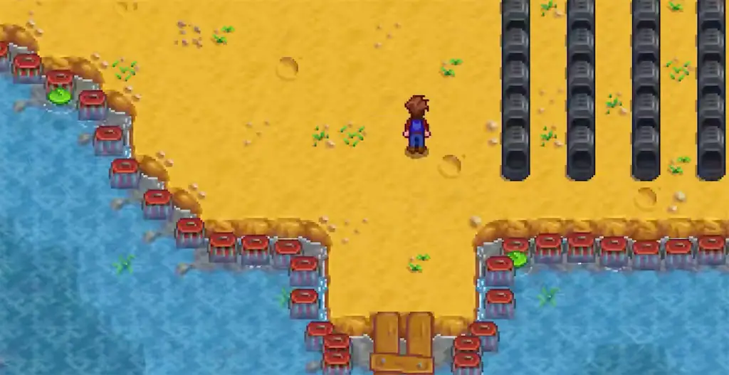 A crab pot in the water in Stardew Valley