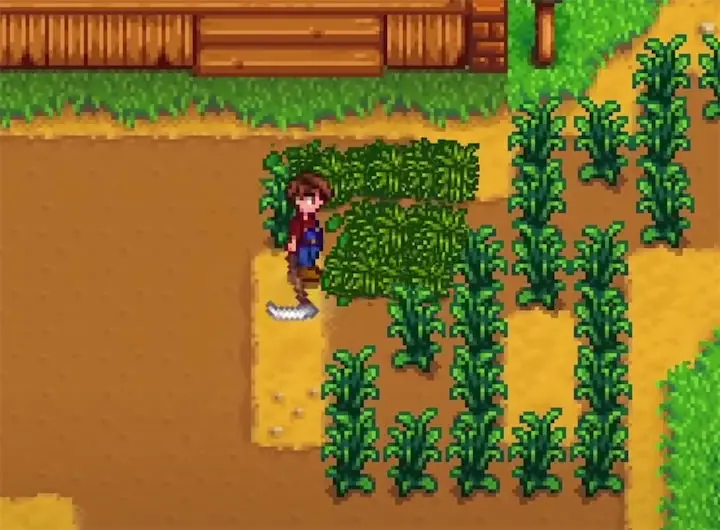 A character cutting weeds in Stardew Valley with a scythe