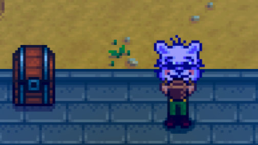A picture of the player character drinking coffee in Stardew Valley