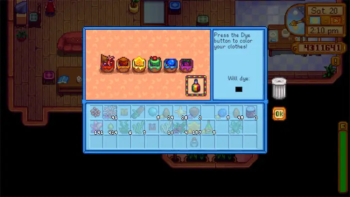 An example of dyeing clothes in Stardew Valley Expanded