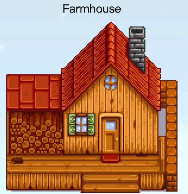 A screenshot of the farmhouse in Stardew Valley
