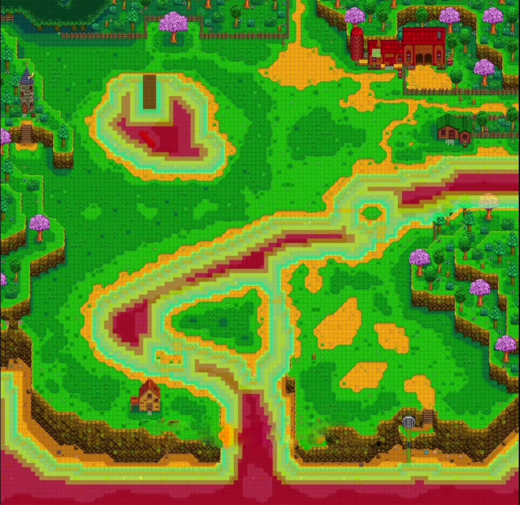 A fishing spot at the Forest River in Stardew Valley