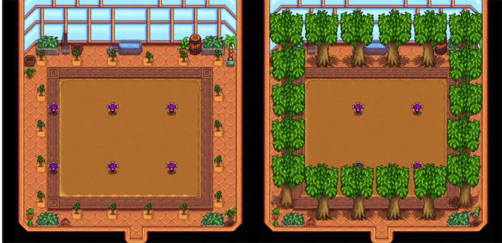 A layout of the greenhouse with fruit trees arranged in the center