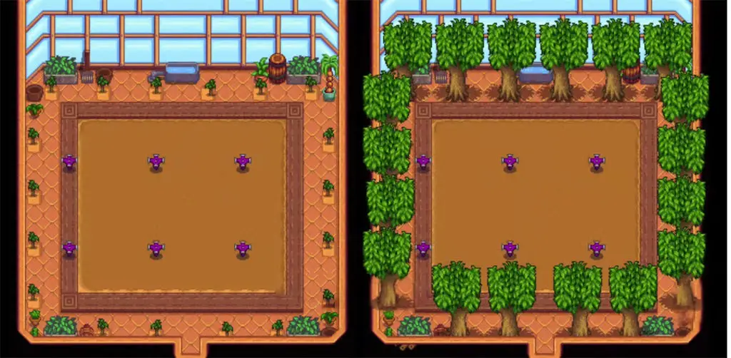 A layout of the greenhouse with fruit trees arranged around the outer perimeter