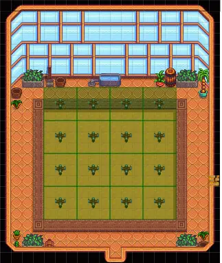 A picture of a layout for using Quality Sprinklers in a greenhouse in Stardew Valley