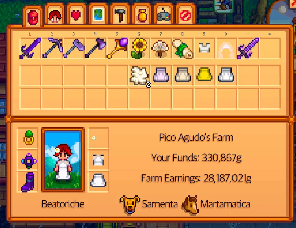 A screenshot of the Stardew Valley inventory screen