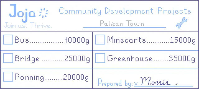 A screenshot of the Joja Community Development Form in Stardew Valley