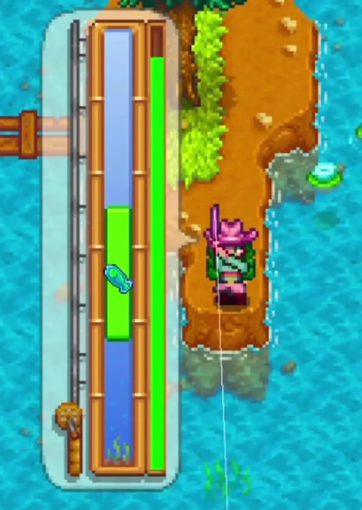 A player playing the fishing mini-game in Stardew Valley