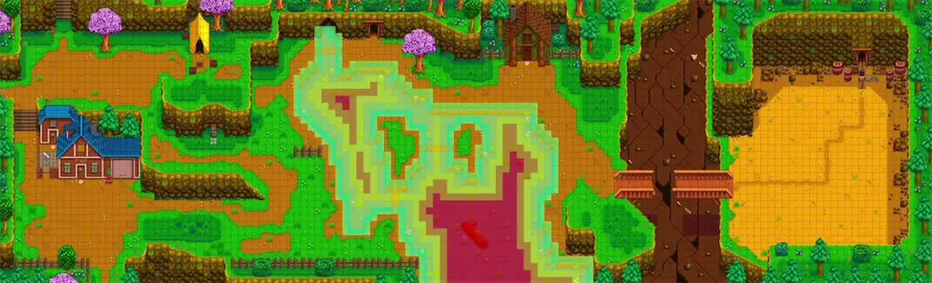 A fishing spot at the Mountain Lake in Stardew Valley
