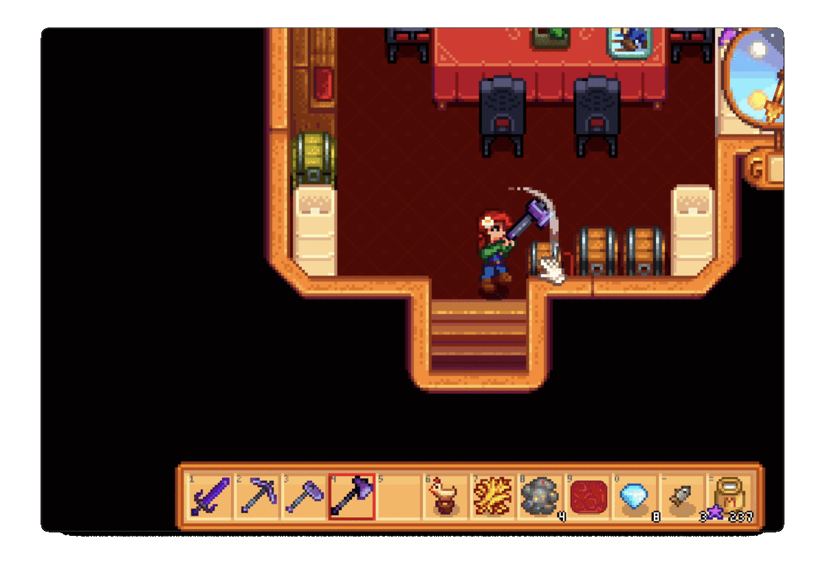 Player using an axe to break a chest in Stardew Valley