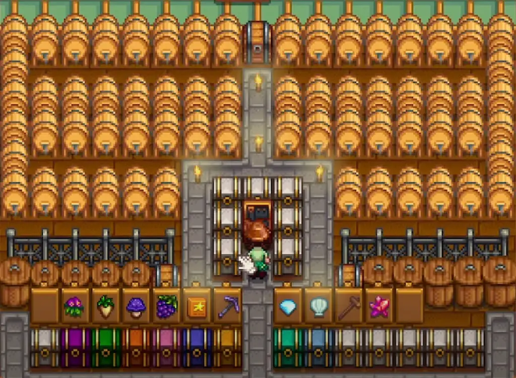 A screenshot of organized chests in Stardew Valley