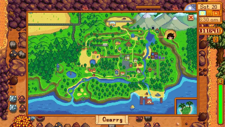 Map showing the location of the Quarry in Stardew Valley