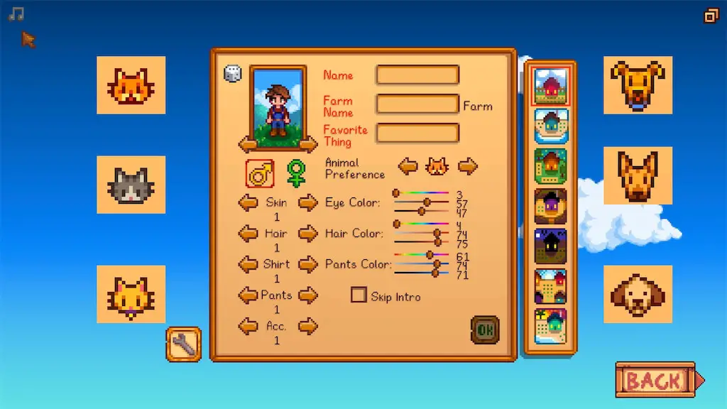 A collage of the six available pets in Stardew Valley, three cats and three dogs