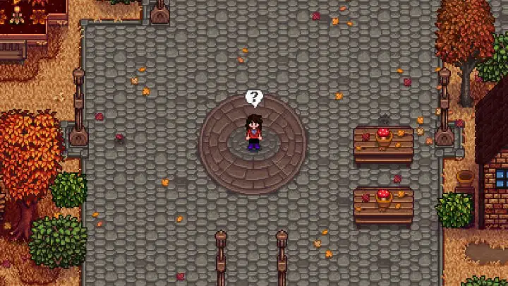 Stardew Valley gameplay with a question mark above the player's head