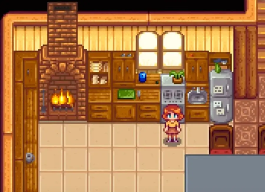 A picture of the upgraded kitchen in Stardew Valley