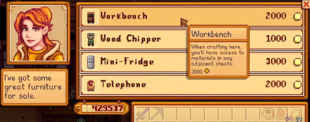 A screenshot of the Workbench in Stardew Valley