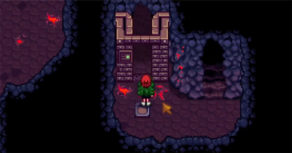 A screenshot of activating the elevator in the Volcano Dungeon in Stardew Valley