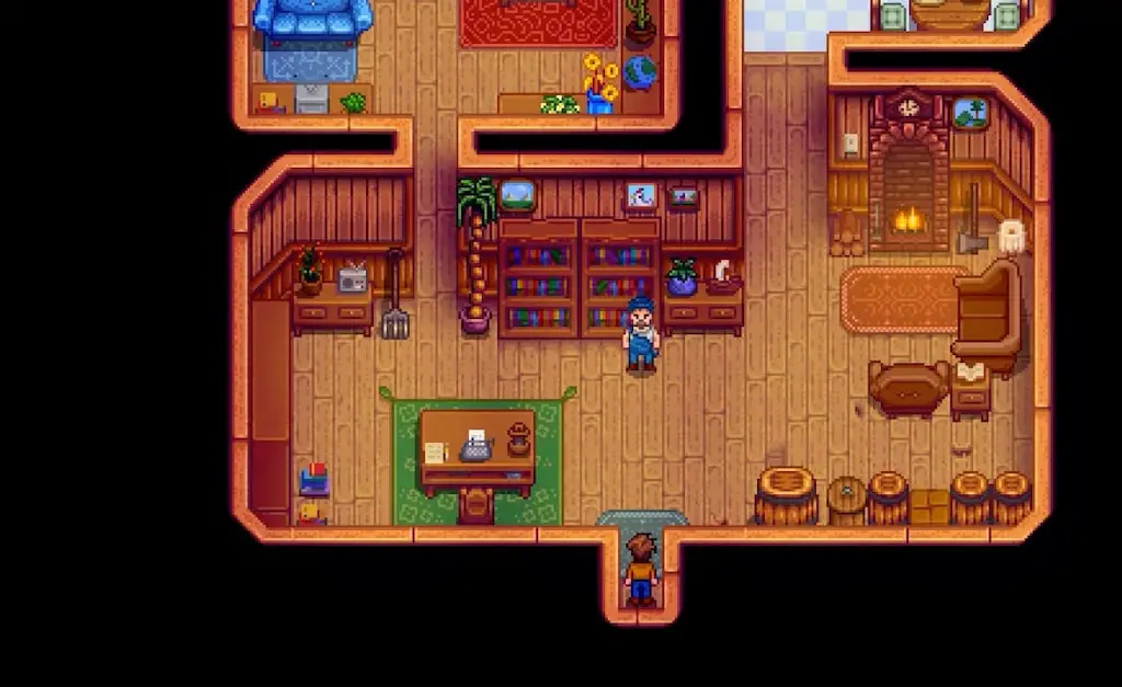 Interior of Andy's cleaned-up house with books and fresh food