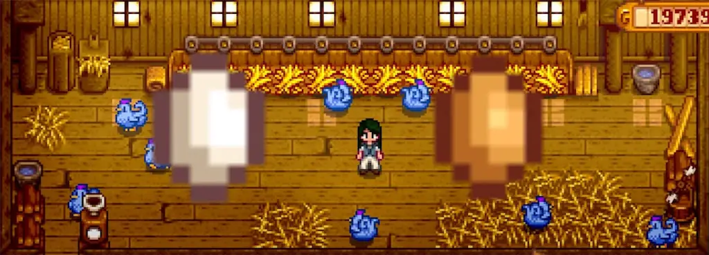 Image of a blue chicken and its eggs in Stardew Valley
