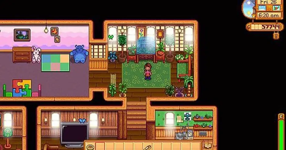 A screenshot of the Butterfly Hutch inside a player's house in Stardew Valley