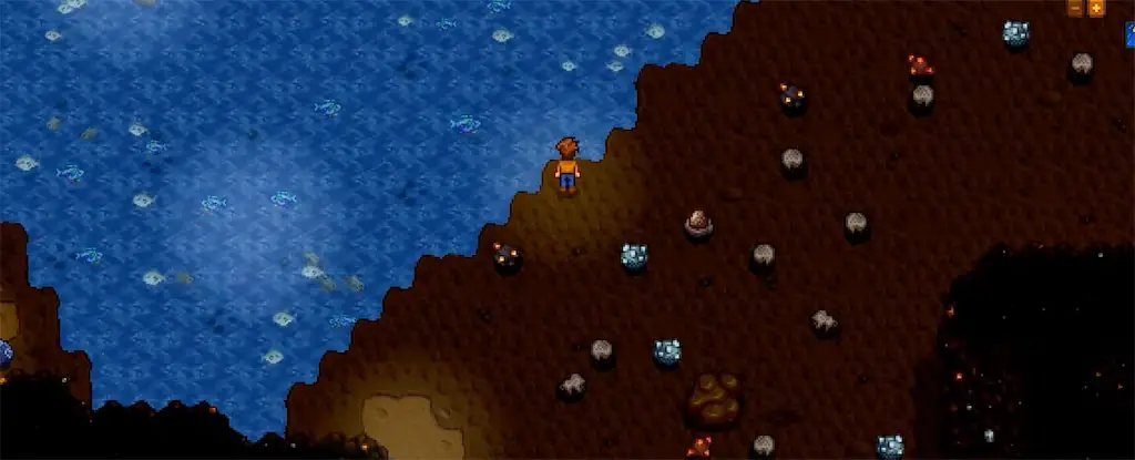A cave lake in the Highland Caverns in Stardew Valley Expanded